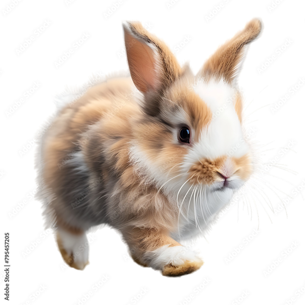 A rabbit with brown and white fur is standing on a white surface. A rabbit with brown and white fur is standing on a white surface.