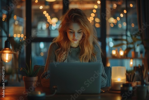Woman deeply focused on her laptop in a cozy nighttime setting photo