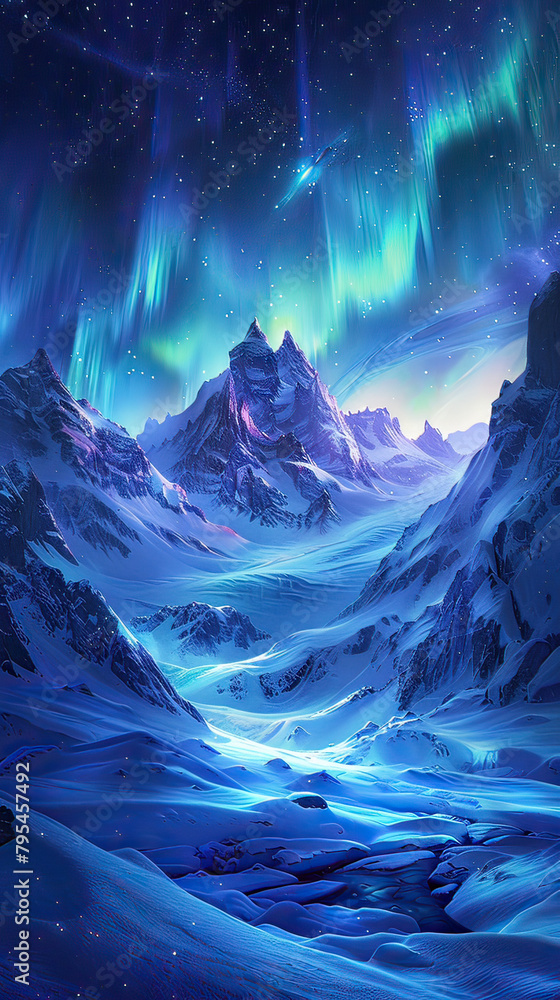 Fantastical Aurora Over Snowy Mountain Landscape