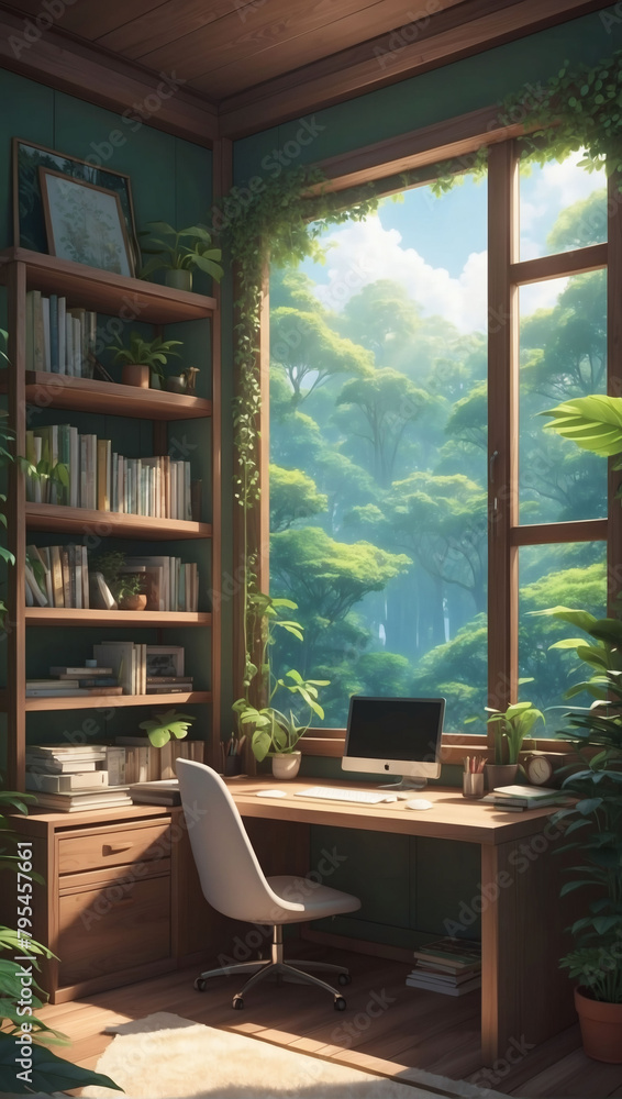Jungle Sanctuary, Lofi Study Desk in an Anime Manga Style Interior, Overlooking a Serene Forest Through the Window.
