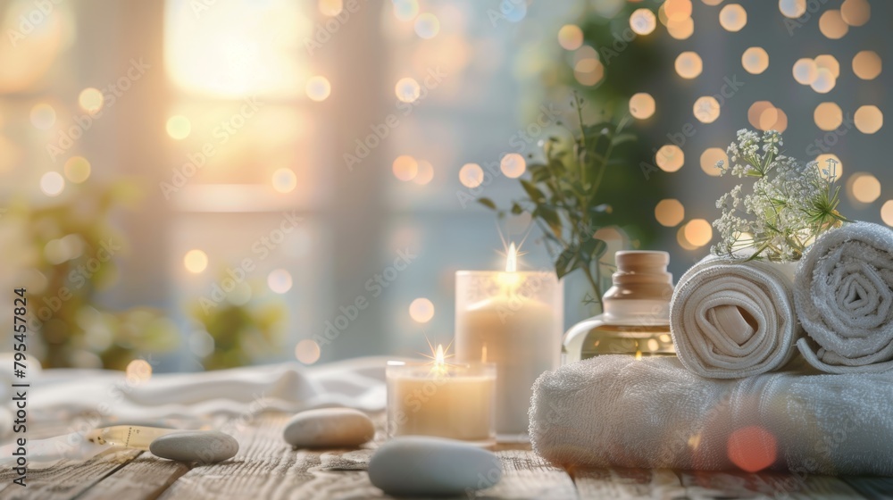 Beautiful spa treatment composition such as Towels, candles, essential oils, Massage Stones on light wooden background. blur living room, natural creams and moisturizing Healthy lifestyle, body care Beautiful spa treatment composition such as Towels, candles, essential oils, Massage Stones on light wooden background. blur living room, natural creams and moisturizing Healthy lifestyle, body care