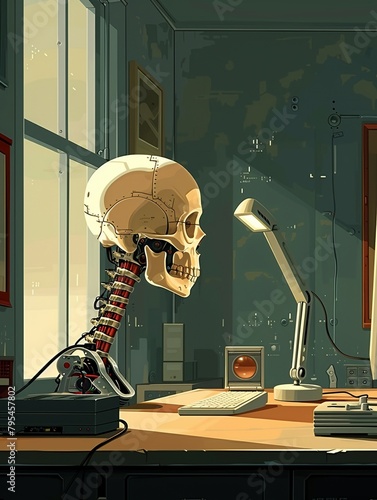 A skeleton wearing a lampshade as a hat is sitting at a desk, looking at an old computer.