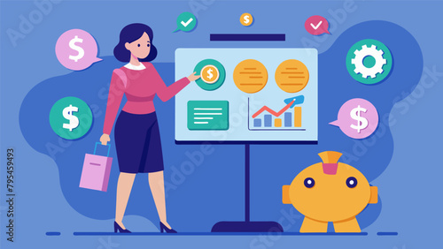 A woman standing in front of a virtual AI board receiving personalized moneysaving tips..