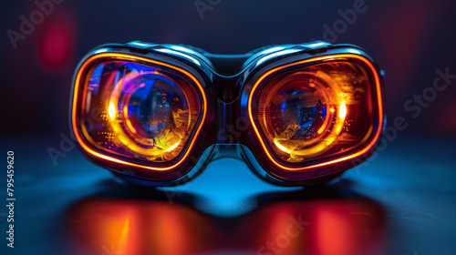 VR virtual reality headset isolated on dark background. Neon colors. Close-up concept product shot   © steve