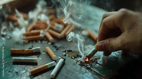 Hand crushing cigarette, cigarettes on a black table with smoke coming out of them, world no tobacco day photo