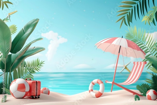 Summertime season sale banner with beach chair, beach ball, suitcase and life ring under an umbrella on a summer sea background with tropical plants. 