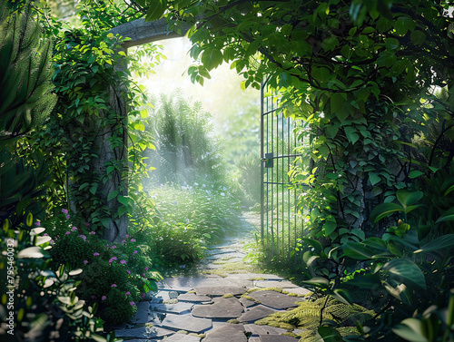 A hidden gateway opens into a secret garden  where light rays cascade over lush greenery and stone paths  creating a mystical ambiance.