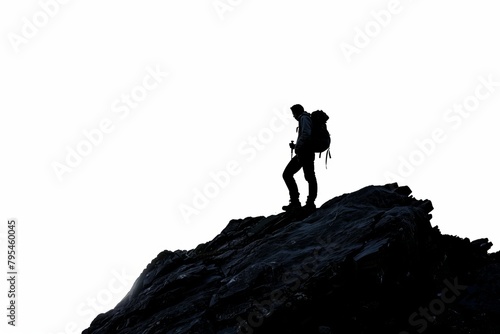 silhouette of a person hiking carrying backpack , white background