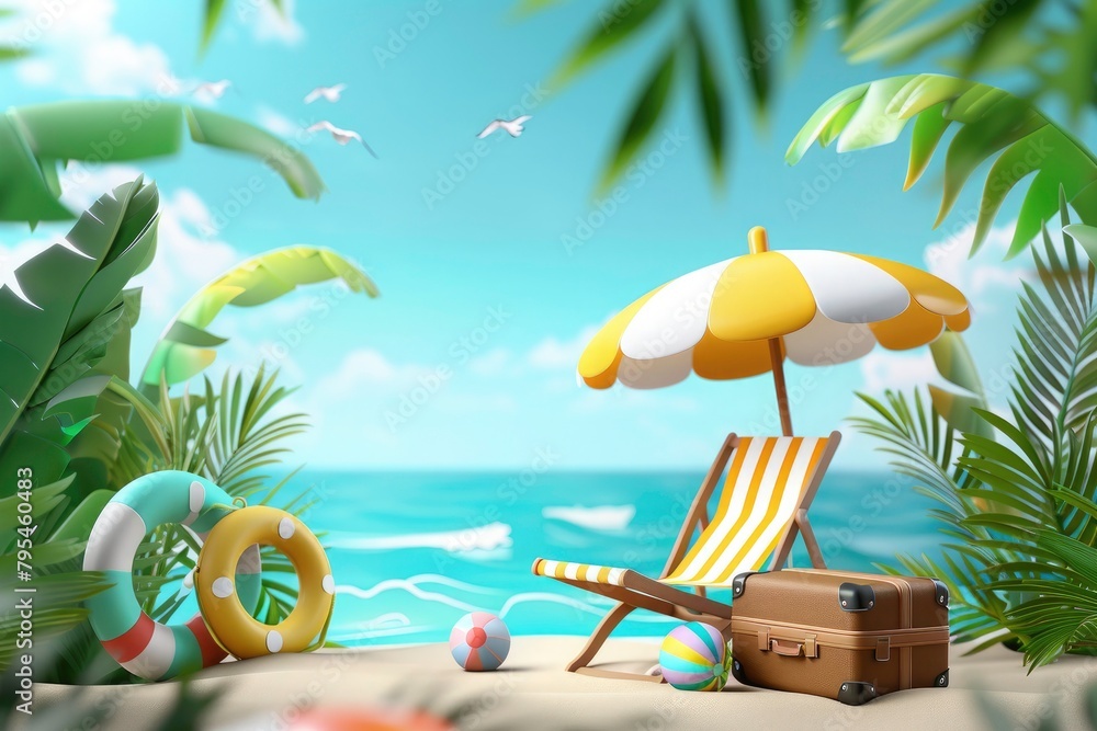 Summertime season sale banner with beach chair, beach ball, suitcase and life ring under an umbrella on a summer sea background with tropical plants.  - obrazy, fototapety, plakaty 