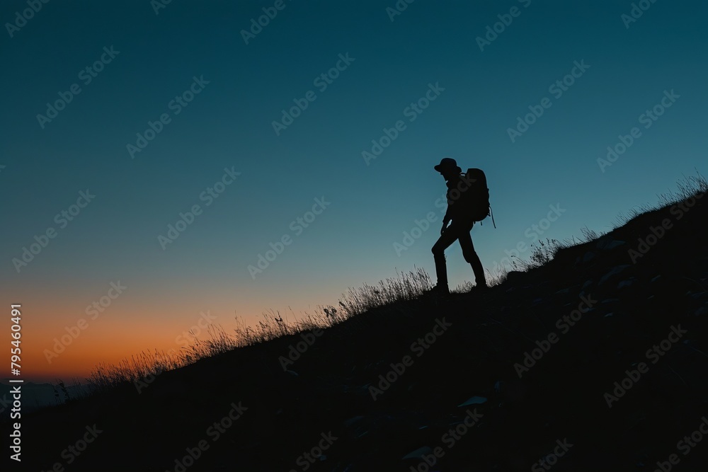 silhouette of a solo traveler hiking during sunset carrying hiking backpack