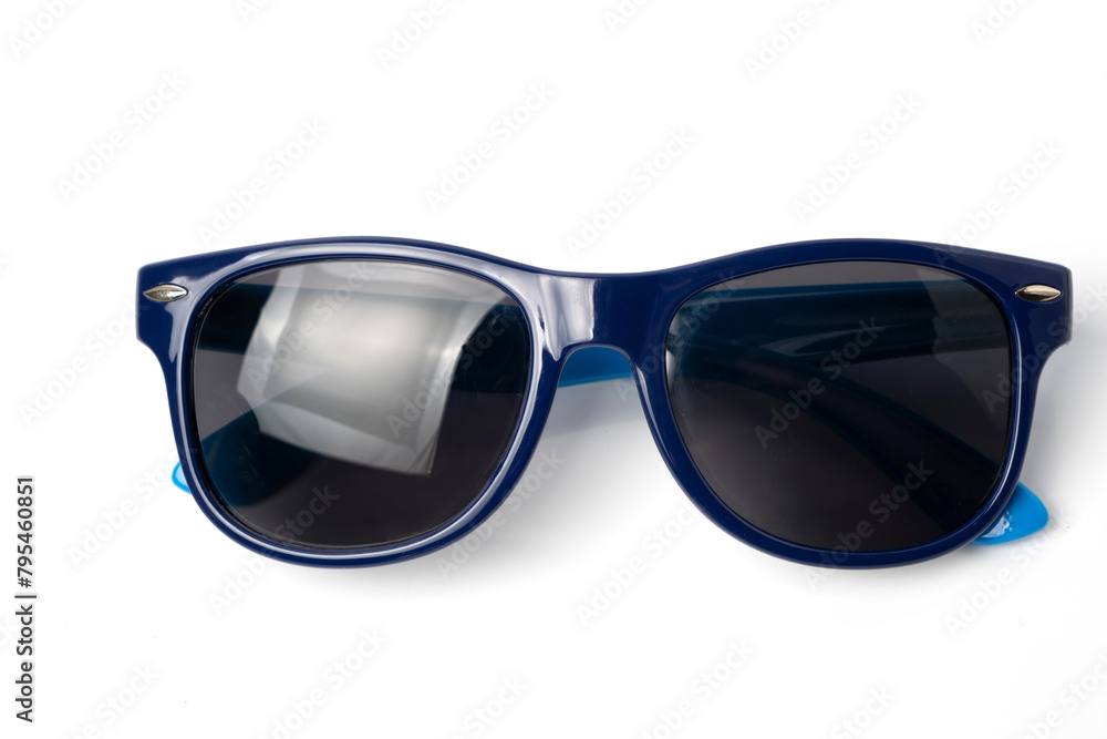 Blue sunglasses isolated on white background. Selective focus and shallow depth of field.