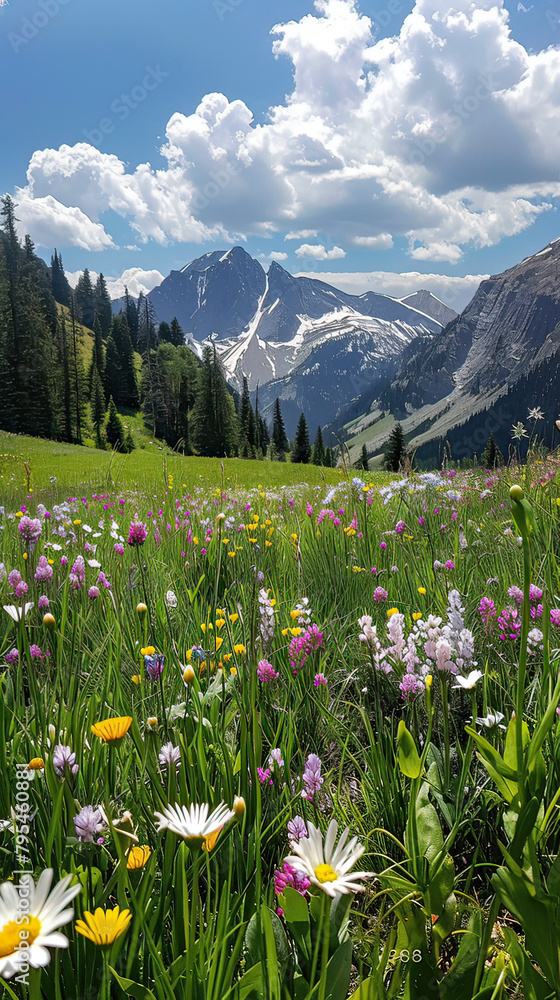 Lush alpine meadow in full bloom with a diverse array of wildflowers, set against snow-capped mountains and a clear blue sky.