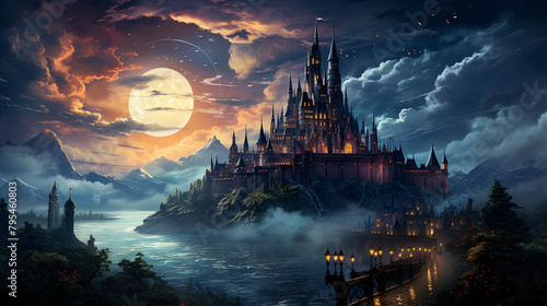 An ancient, mystical castle perched on a hill, surrounded by a gradient-filled twilight sky.