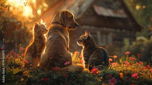 Golden Retriever Sitting with Two Cats Enjoying Sunset Behind Cottage Concept of harmony between different species