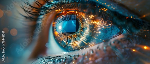 Detailed image of eye with futuristic biometric scanning technology for identification. Concept Biometric Technology, Eye Identification, Futuristic Eye Scanning, Biometric Scanning