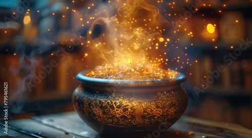 A sorcerer's potion brewing in a cauldron, blurred alchemy books photo