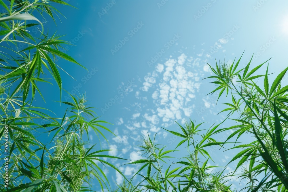 Field of hemp plants reaching towards a clear blue sky, showcasing sustainable agriculture and the lush greenery of the crop, Field of hemp plants reaching towards a clear blue sky, showcasing sustainable agriculture and the lush greenery of the crop,