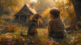 Young child and loyal dog sitting side by side, looking at a cozy cottage amidst autumn foliage, concept of childhood wonder and faithful companionship.
