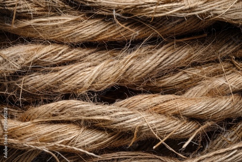 Closeup of natural hemp fibers intertwined, highlighting the texture and organic color palette on a neutral background,
