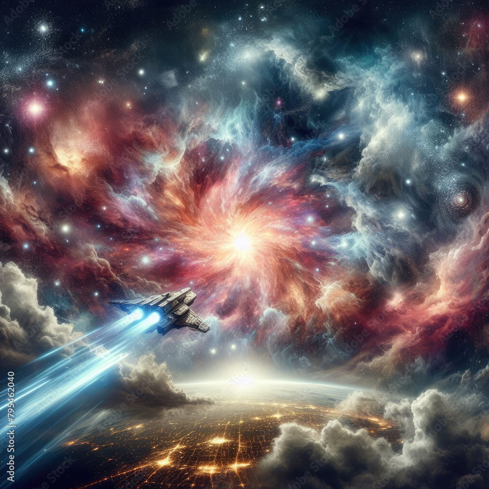 Generative AI a spacecraft resembling a futuristic jet gracefully maneuvers through the galaxy. Its sleek contours shimmer under the radiant glow of distant stars, Time Traveling Space Ship, galaxies Generative AI a spacecraft resembling a futuristic jet gracefully maneuvers through the galaxy. Its sleek contours shimmer under the radiant glow of distant stars, Time Traveling Space Ship, galaxies