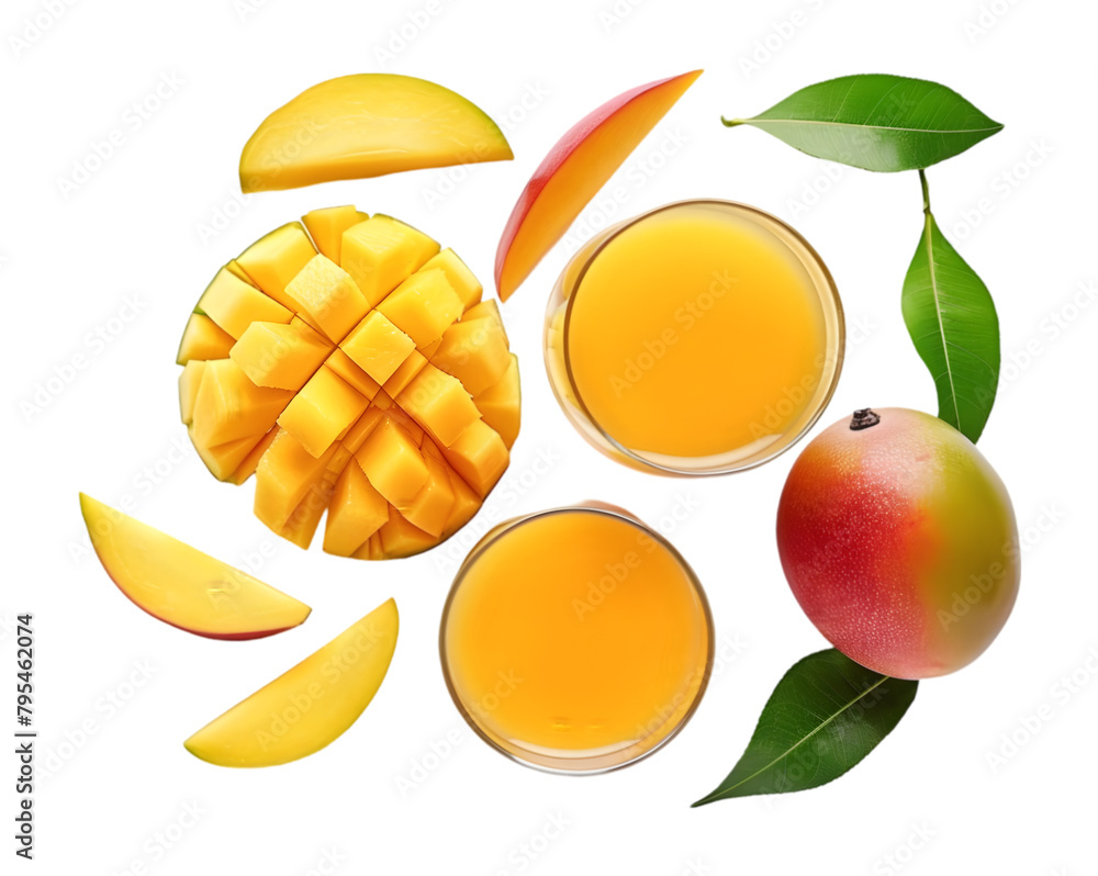Mango juice and slices of mango on transparent background Mango juice and slices of mango on transparent background