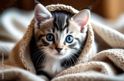 Cute kitten in a blanket cozy