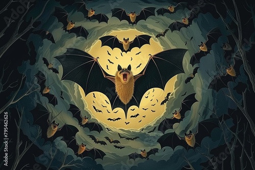 A colony of bats, their wings beating with a symphony of chaos, creates a whirlwind of darkness that disrupts and disorients , photo
