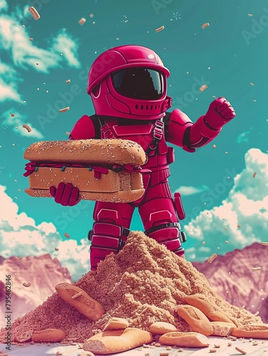 A lone baguette fighter, standing atop a mountain of crumbs, overlooking the battlefield , photo