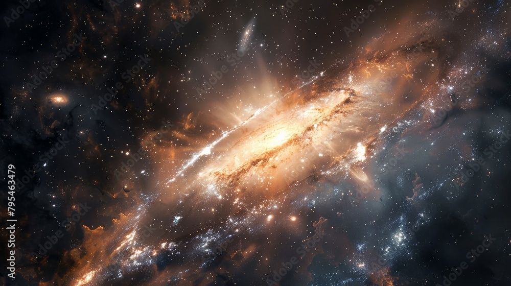 Fototapeta premium An evocative portrayal of a galaxy's core, where the fusion of light and matter conjures an otherworldly landscape, the darkness of space serving as the perfect foil to its brilliance.