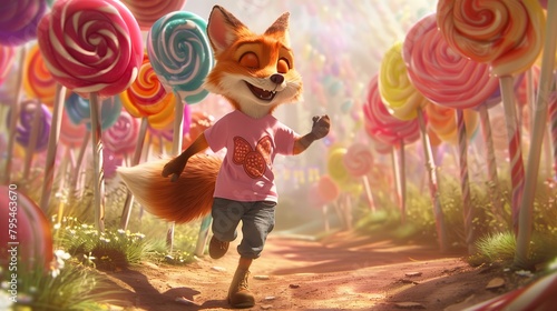 A funny little fox in a pink T-shirt walks cheerfully through a candy meadow photo