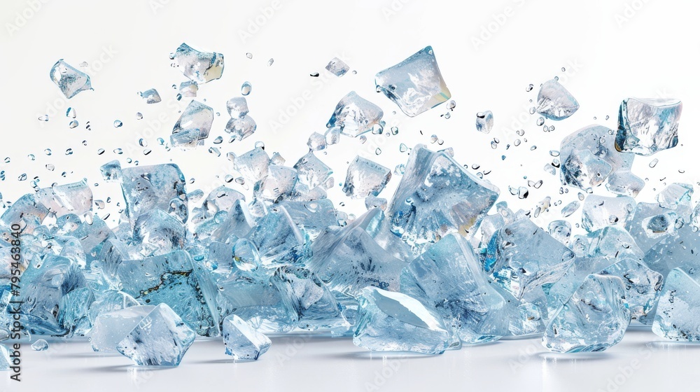 A pile of ice cubes with a splash of water A pile of ice cubes with a splash of water