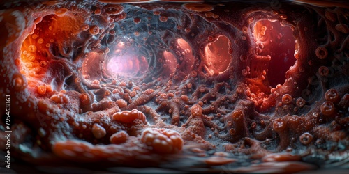 An immersive 360-degree panorama of atherosclerosis, a condition characterized by the buildup of plaque within arteries, narrowing the passageway for