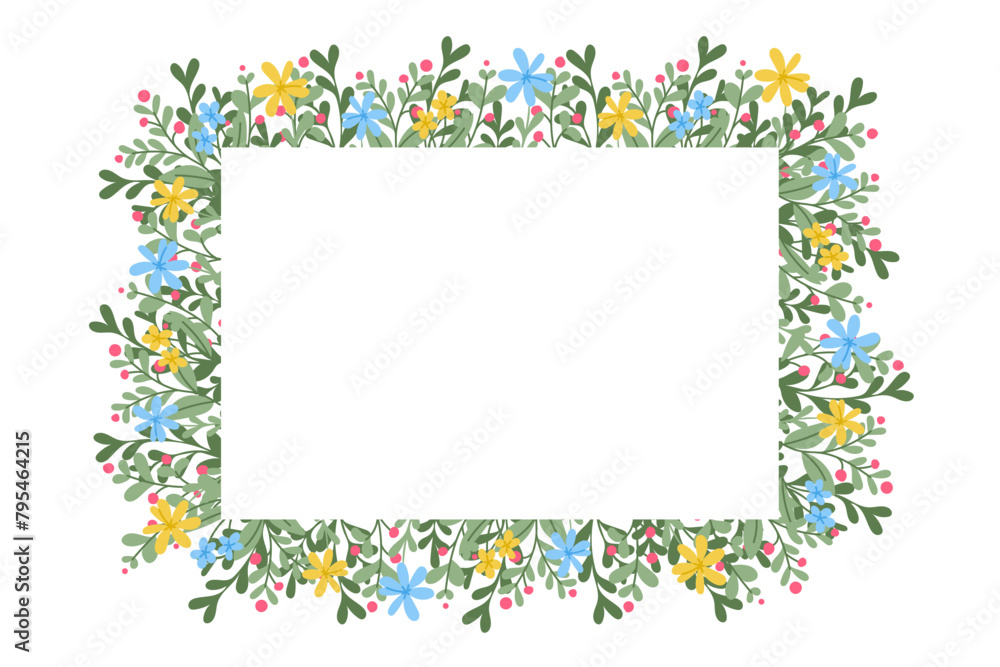 Banner with floral frame with spring abstract flowers and branches. Horizontal template in flat style for header or footer isolated on white background
