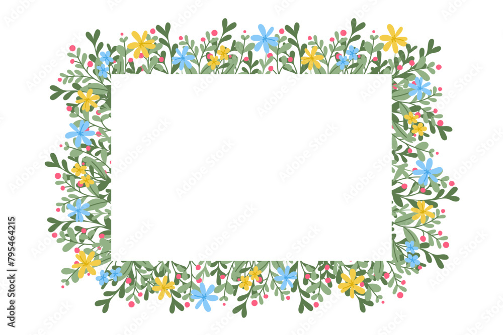 Banner with floral frame with spring abstract flowers and branches. Horizontal template in flat style for header or footer isolated on white background Banner with floral frame with spring abstract flowers and branches. Horizontal template in flat style for header or footer isolated on white background