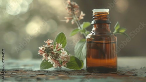 A brown bottle of aromatherapy essential oil with fresh blooming peppermint
