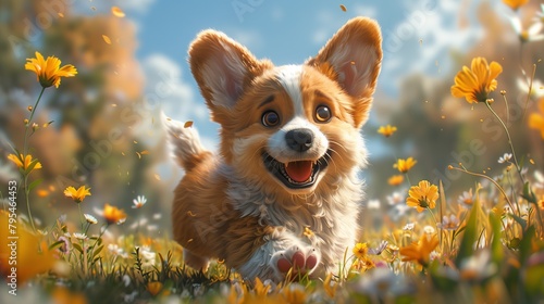 Corgi puppy running merrily across the flower lawn photo