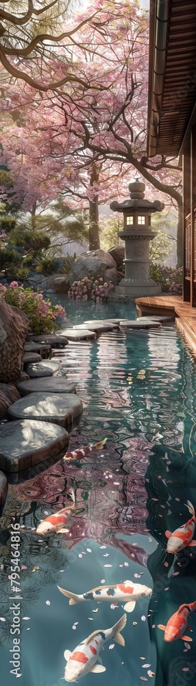 A serene Japanese garden with a winding path, stone lanterns, and a tranquil pond where koi fish swim gracefully, under the canopy of cherry blossom trees 8K , high-resolution, ultra HD,up32K HD A serene Japanese garden with a winding path, stone lanterns, and a tranquil pond where koi fish swim gracefully, under the canopy of cherry blossom trees 8K , high-resolution, ultra HD,up32K HD