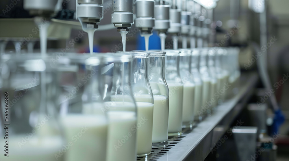 Automated production line filling milk bottles in a lab
