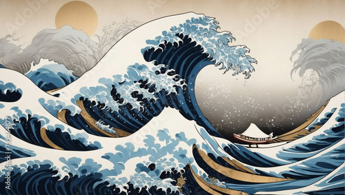Oceanic Elegance, Wallpaper Design Inspired by Japanese Art, Showcasing a Great Wave in the Ocean.