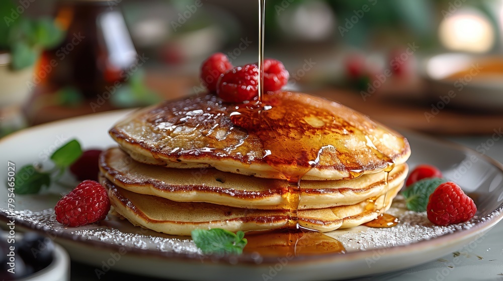 A decadent plate of pancakes topped with fresh raspberries and drizzled in maple syrup. A decadent plate of pancakes topped with fresh raspberries and drizzled in maple syrup.