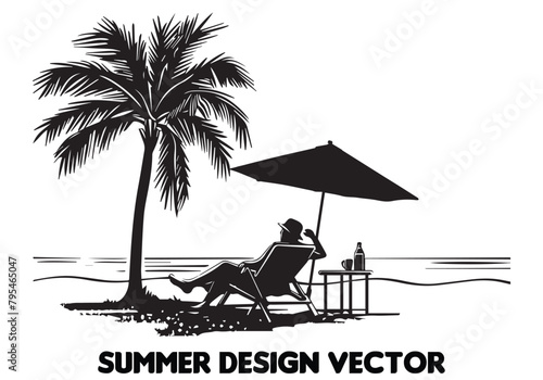 summer design palm tree sitting on chair front table and umbrella man beach for print on demand black bold simple outline vector