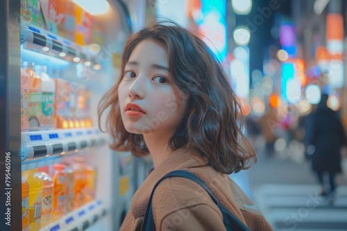 A snapshot of daily life in Tokyo, as an Asian woman in a casual outfit stops at a vending machine to quench her thirst, surrounded by the energy of the city 8K , high-resolution, ultra HD,up32K HD