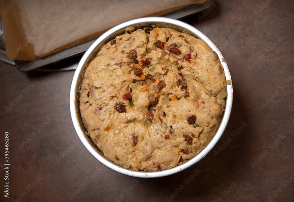 Homemade Panettone Bread with Raisins and Citrus Peel. Delicious Pastry. Homemade Panettone Bread with Raisins and Citrus Peel. Delicious Pastry.