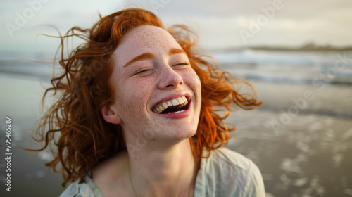 Joyful redhead woman laughing on the beach photo