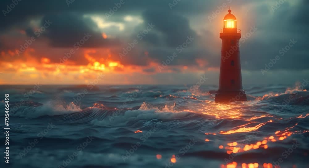 A detailed view of a lighthouse shining over a sea, guidance, blurred stormy waters A detailed view of a lighthouse shining over a sea, guidance, blurred stormy waters