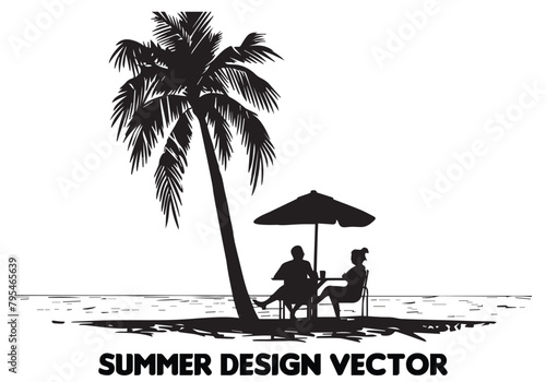 summer design palm tree sitting on chair front table and umbrella man beach for print on demand black bold simple outline on white backgrounds vector