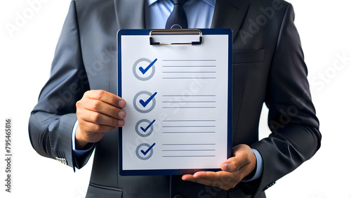 Man in suit with inspection document in hands with checklist for quality certificate