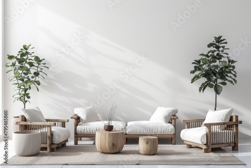 A white room with a white wall and a white couch. There are two potted plants in the room