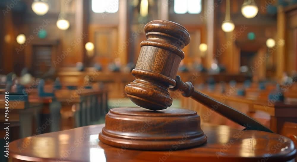 A detailed view of a judge's gavel in a corporate legal battle, symbolizing decision, with a blurred courtroom A detailed view of a judge's gavel in a corporate legal battle, symbolizing decision, with a blurred courtroom