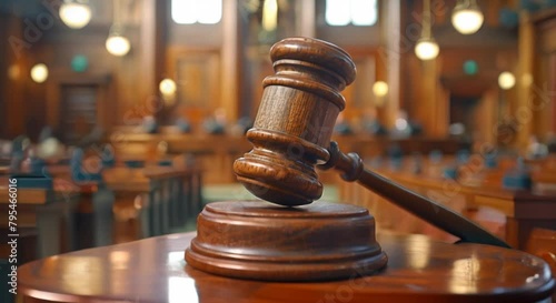 A detailed view of a judge's gavel in a corporate legal battle, symbolizing decision, with a blurred courtroom